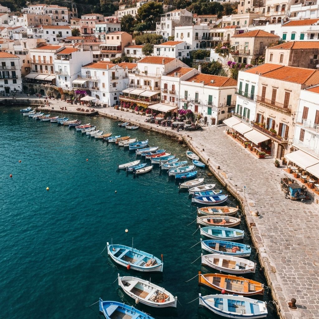 Colorful boats in coastal town